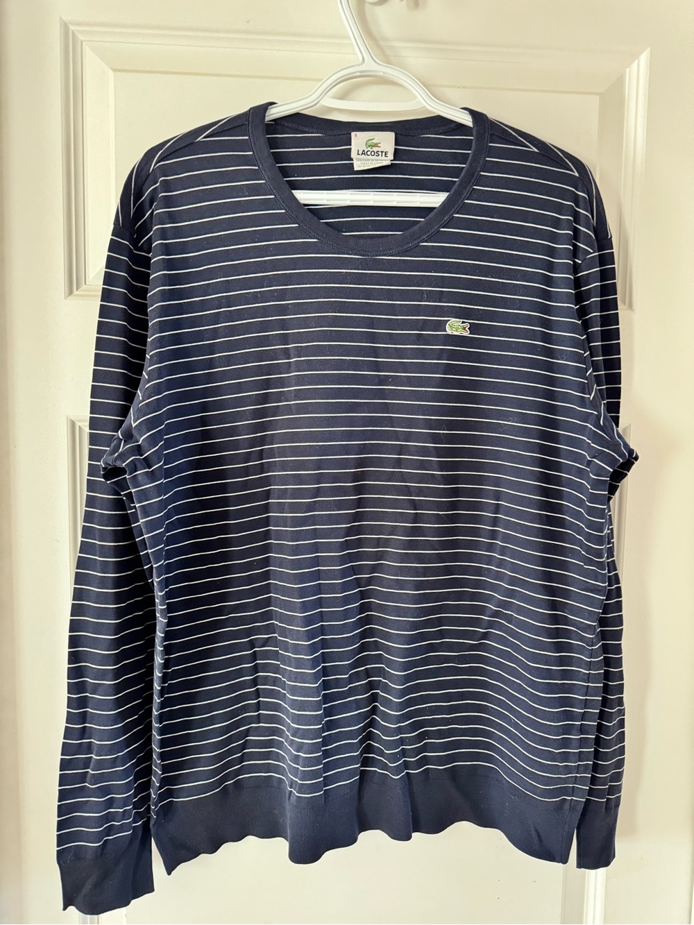 Lacoste Navy and White Striped Long-Sleeve Crewneck